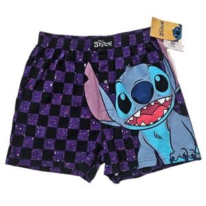 Disney Stitch Boxer Shorts Mens Medium Purple Check Graphic Underwear Sleep